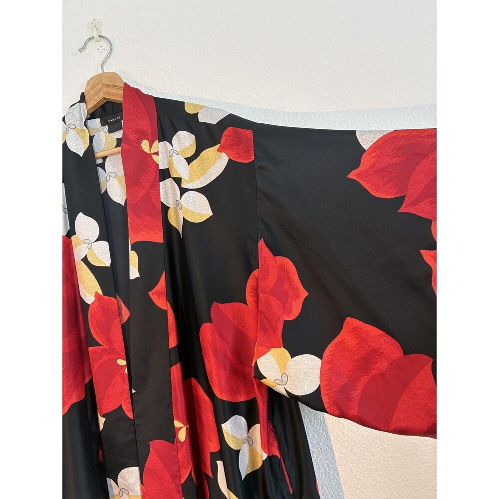 Natori Ginza Long Kimono Robe Womens One Size Black Satin Red Floral Lounge - Picture 15 of 15